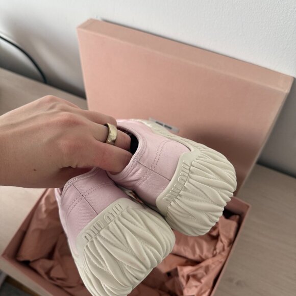 NWT Miu Miu Chunky Low Top Sneakers Gabardine Pink Lace Up White Rubber Soles - Picture 8 of 10